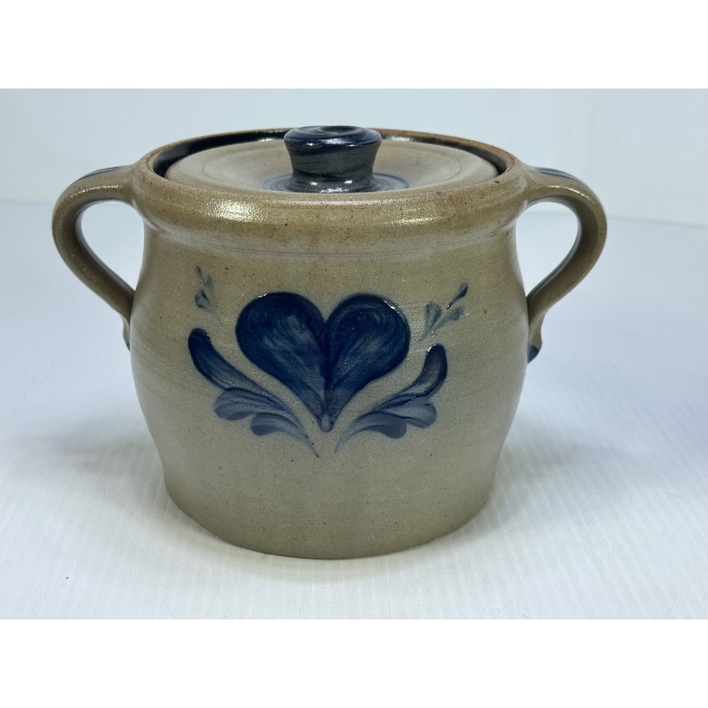 Rowe Pottery Works 1992 Salt Glaze Stoneware Bean Pot Heart Crock with Lid